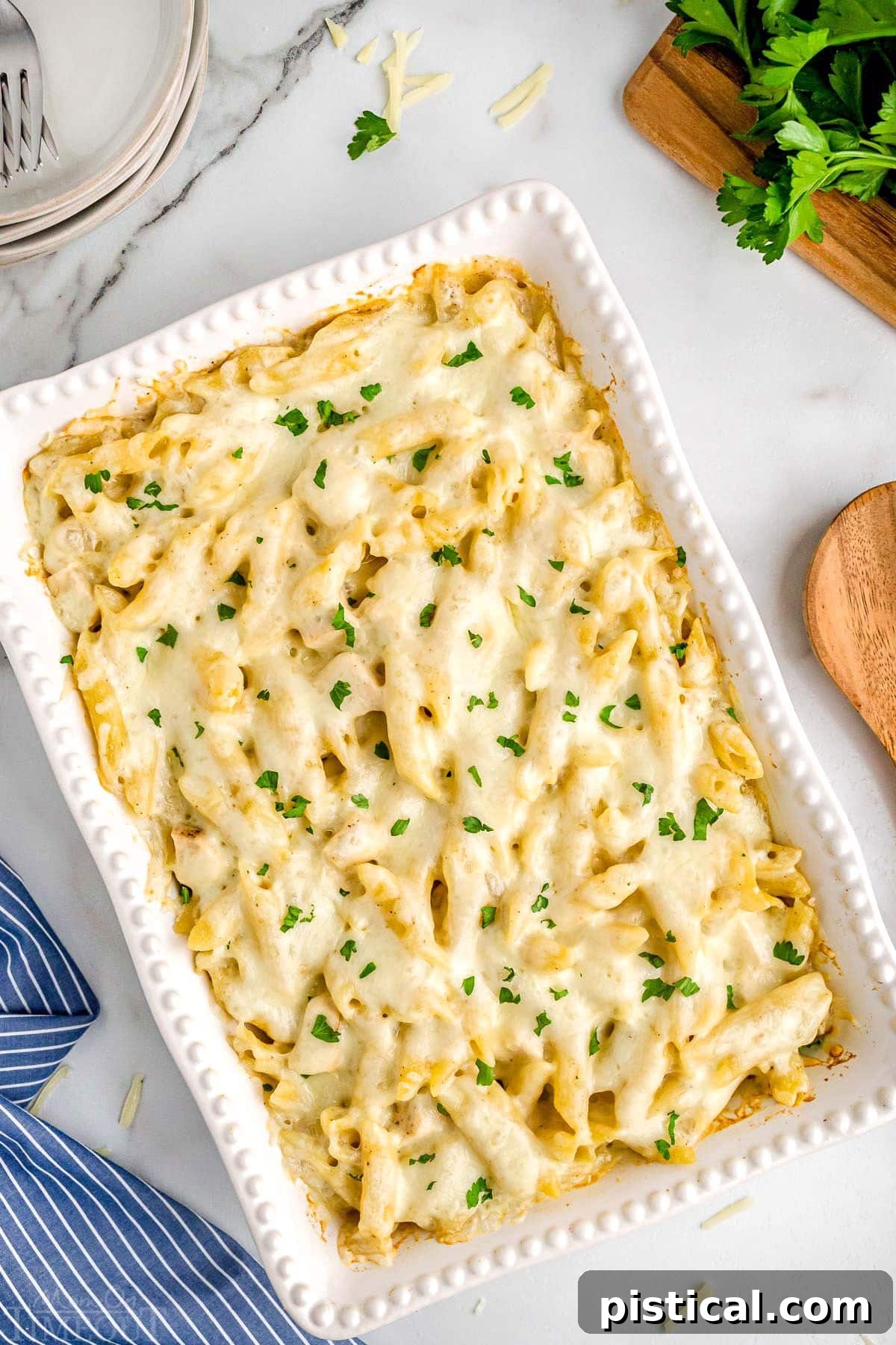 top down look at chicken alfredo bake in a white casserole dish garnished with fresh parsley and blue and white striped napkin in the bottom left corner.