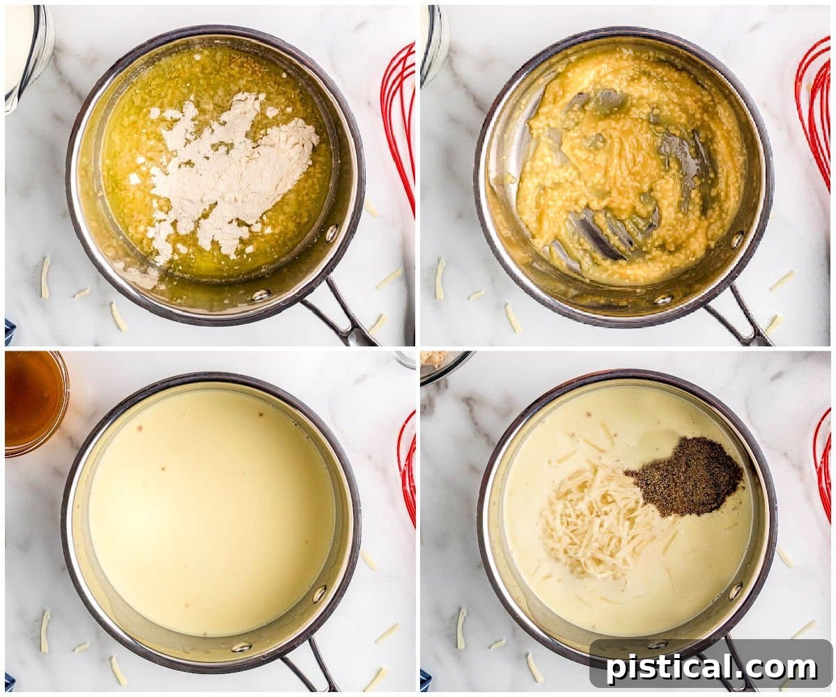four image collage showing how to make the alfredo sauce for the pasta bake.