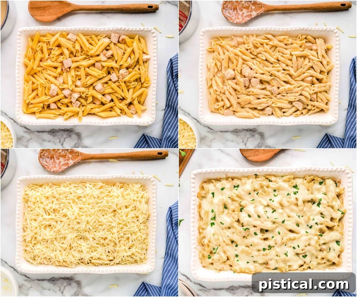 four image collage showing chicken alfredo bake being assembled and baked. 