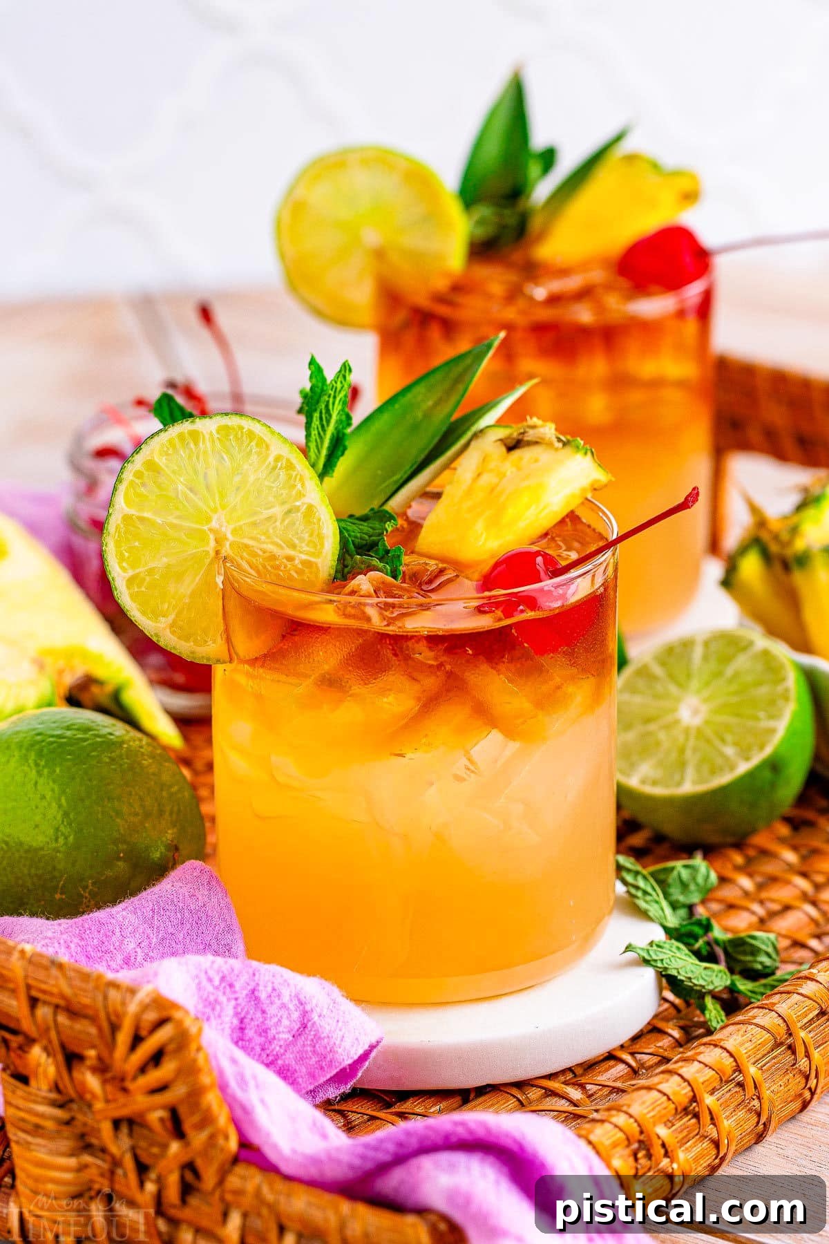 Two Mai Tai cocktails beautifully prepared and garnished with lime wheels, fresh pineapple wedges, and vibrant maraschino cherries, artfully arranged on a rustic rattan tray alongside a violet cloth napkin and additional cut limes, evoking a serene tropical setting.