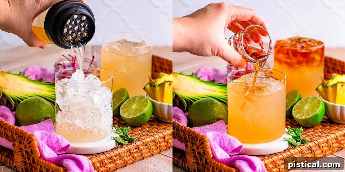 A two-image collage illustrating the process of preparing a Mai Tai, from shaking ingredients to pouring the finished cocktail into a short glass, highlighting the crafting steps.