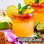 Two Mai Tai cocktails prepared and garnished with lime, pineapple, maraschino cherries and are sitting on a rattan tray with a violet cloth napkin and cut limes around them.