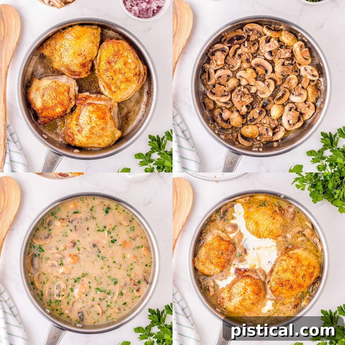 A four-image collage demonstrating the step-by-step process of making chicken fricassee in a skillet, from browning chicken to simmering in the sauce.