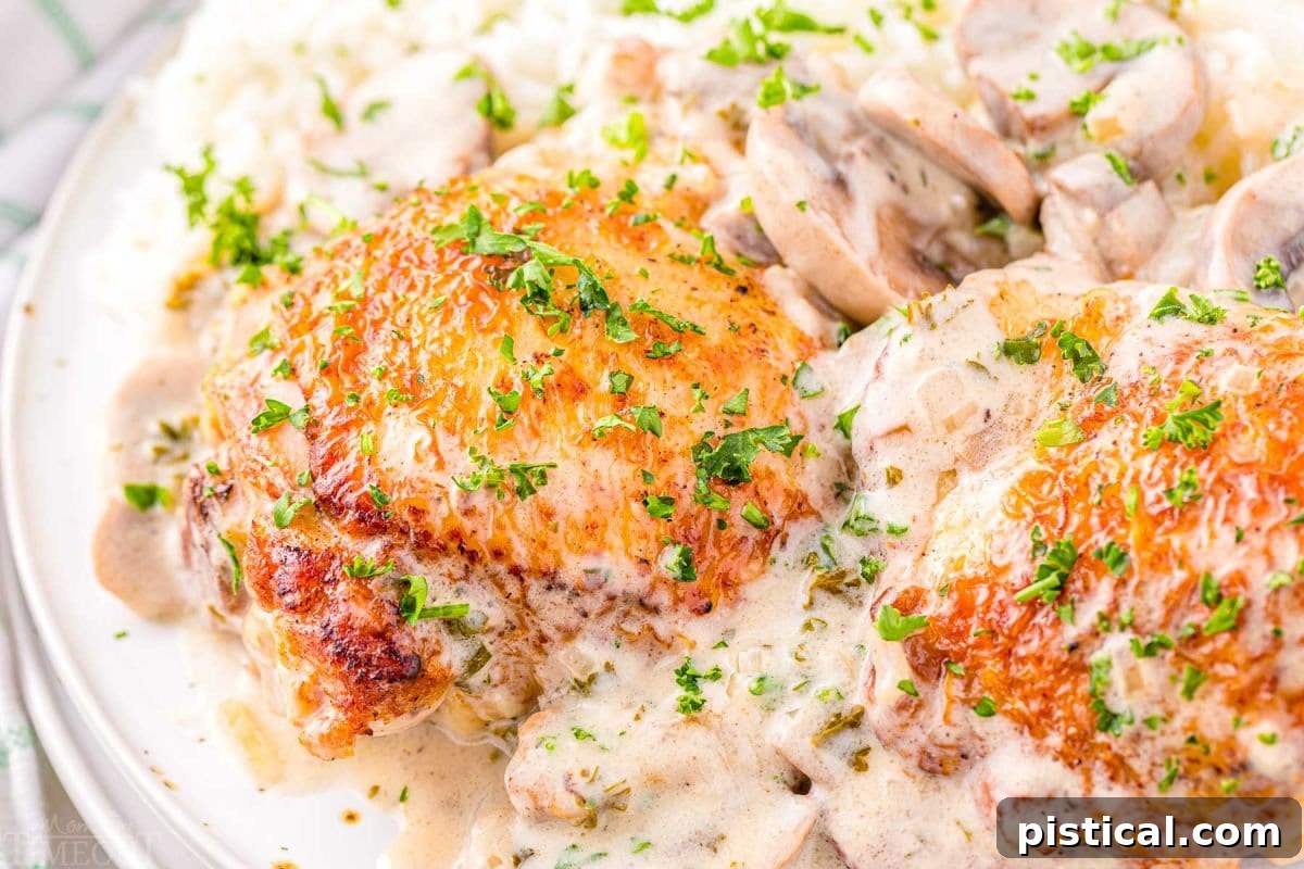 Two pieces of Chicken Fricassee plated elegantly with white rice and a generous amount of white wine mushroom sauce, garnished with fresh parsley.
