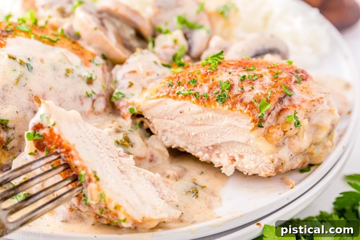 A chicken thigh cut open, revealing juicy, tender meat, indicating perfect cooking.