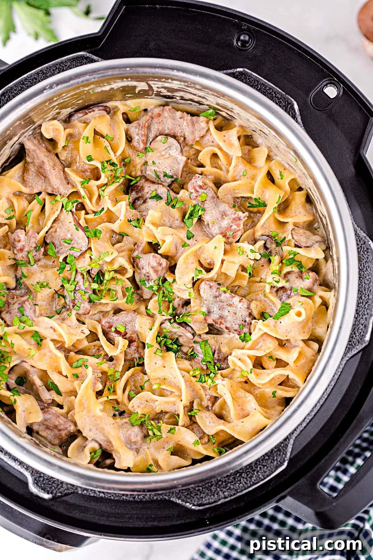 Creamy Instant Pot Beef Stroganoff 3 Top down view of beef stroganoff cooked in the Instant Pot, garnished with fresh parsley and ready to serve.