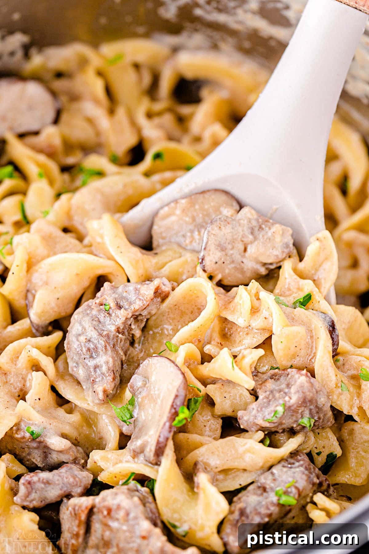 Creamy Instant Pot Beef Stroganoff 4 Close-up spoonful of Instant Pot Beef Stroganoff still in the pot, showcasing the creamy sauce and tender beef.