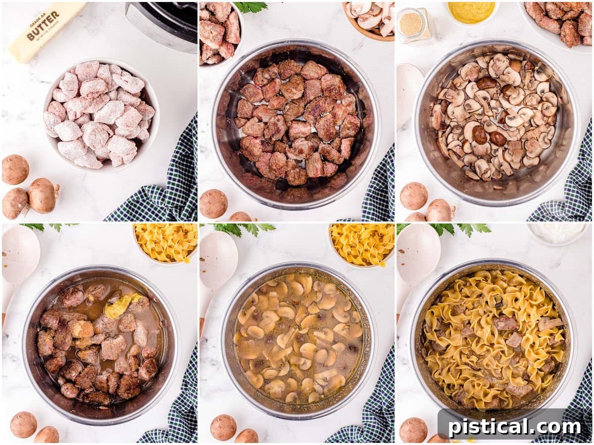Creamy Instant Pot Beef Stroganoff 5 Six-image collage showing the step-by-step process of making beef stroganoff in the Instant Pot.