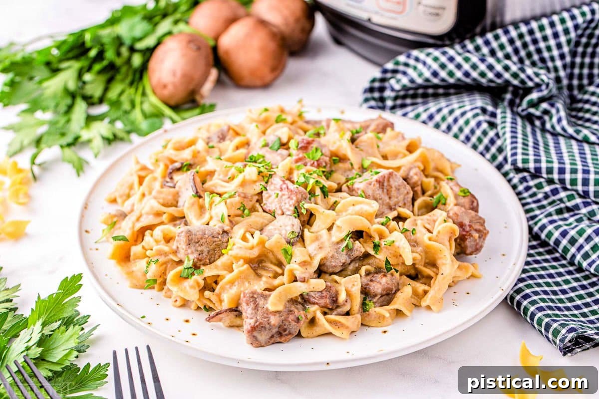 Creamy Instant Pot Beef Stroganoff 6 Plated Instant Pot Beef Stroganoff with a black checkered napkin and fresh parsley garnishes on the side.