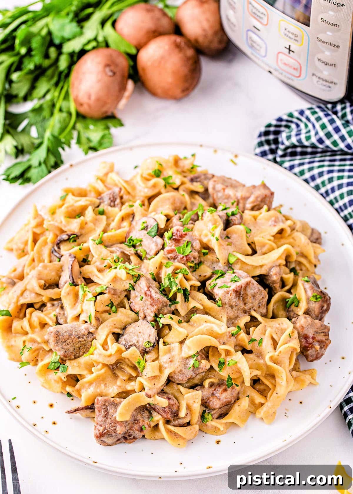 Creamy Instant Pot Beef Stroganoff 7 Top down view of a white plate filled with Instant Pot Beef Stroganoff, ready to be enjoyed. Parsley and mushrooms are visible in the background, next to the Instant Pot.