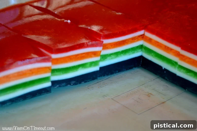 Close-up of rainbow jello layers in a dish