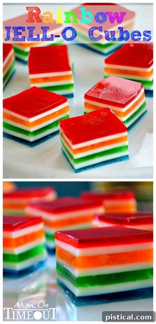 Close-up of Rainbow Jello Cubes on a white platter