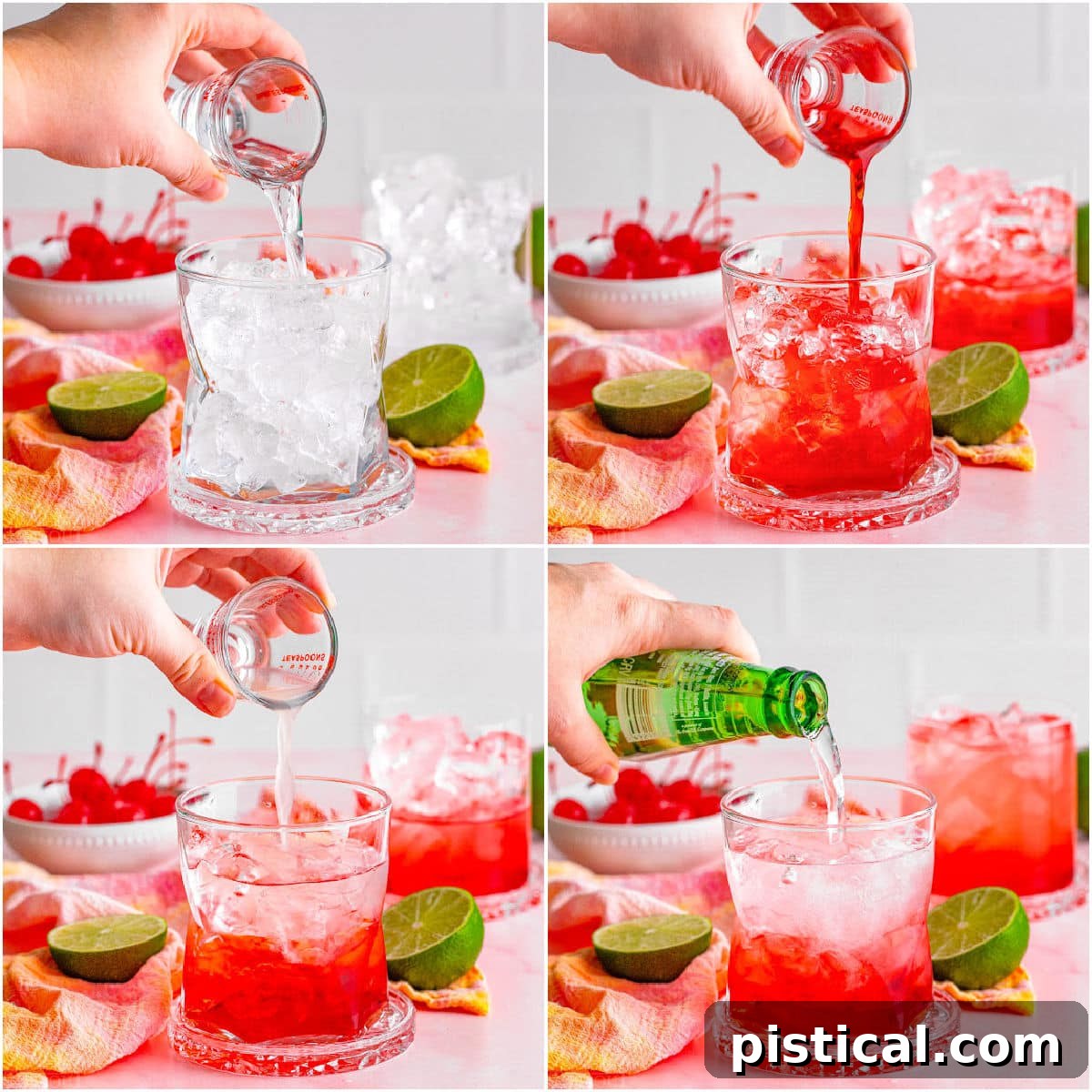 four image collage showing how to make a dirty shirley temple.