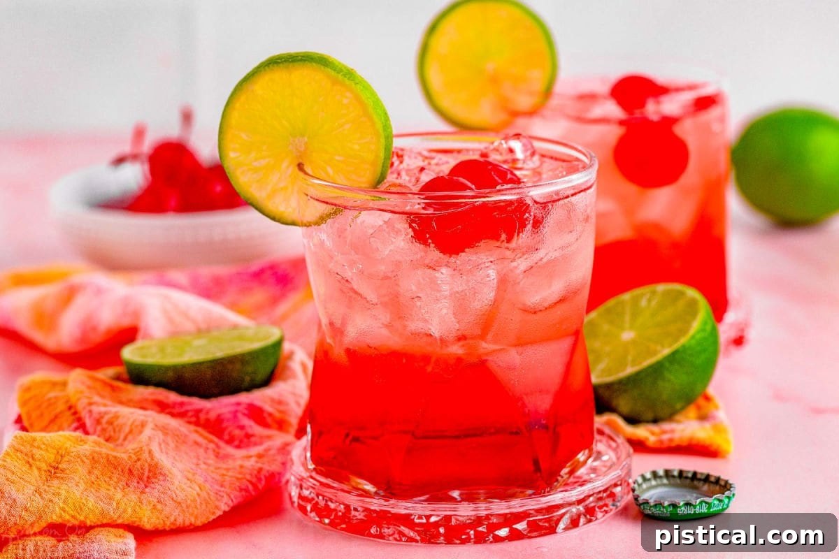 dirty shirley drinks in two short glasses. garnished with a lime slice on the rim and maraschino cherries in the drinks, additional garnishes sitting on the pink marble surface around the drinks.