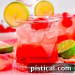 two dirty shirley temple cocktails garnished with lime and maraschino cherries with the bottle of vodka in the background.
