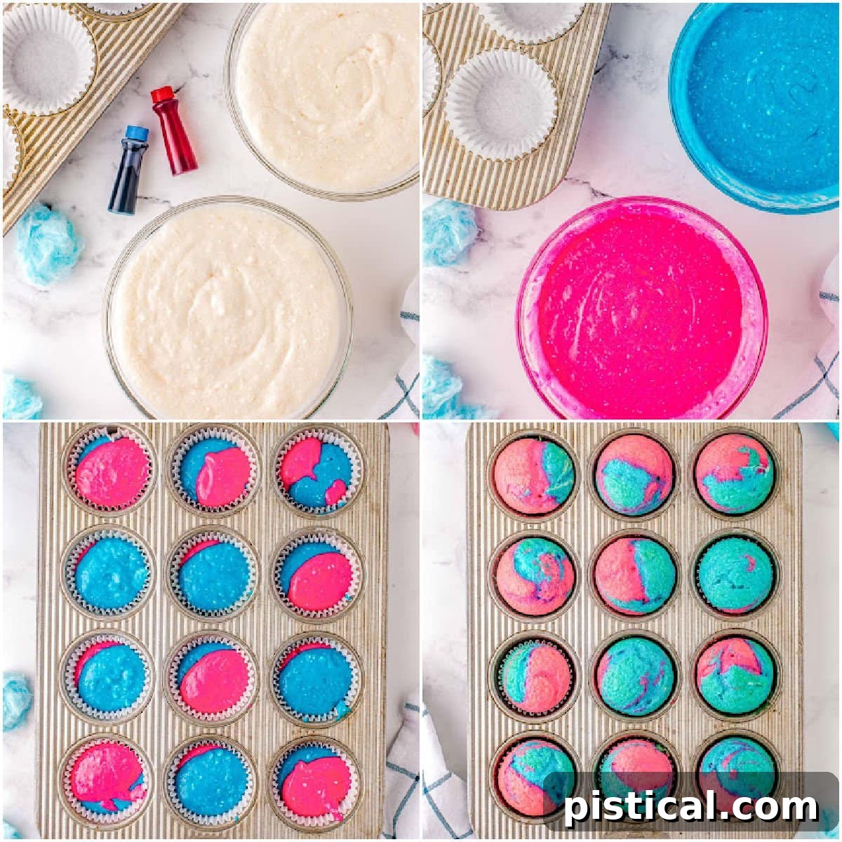 Four image collage showing the step-by-step process of making swirled cupcakes using a cake mix.