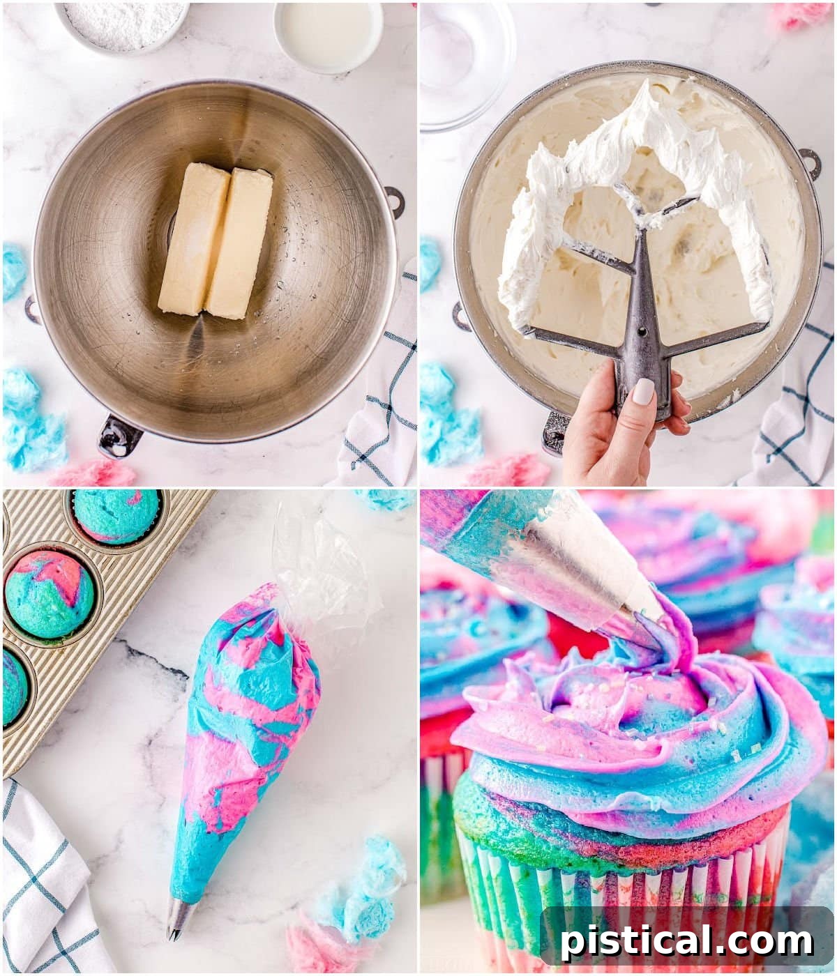 Four image collage illustrating how to create swirled cotton candy flavored frosting.