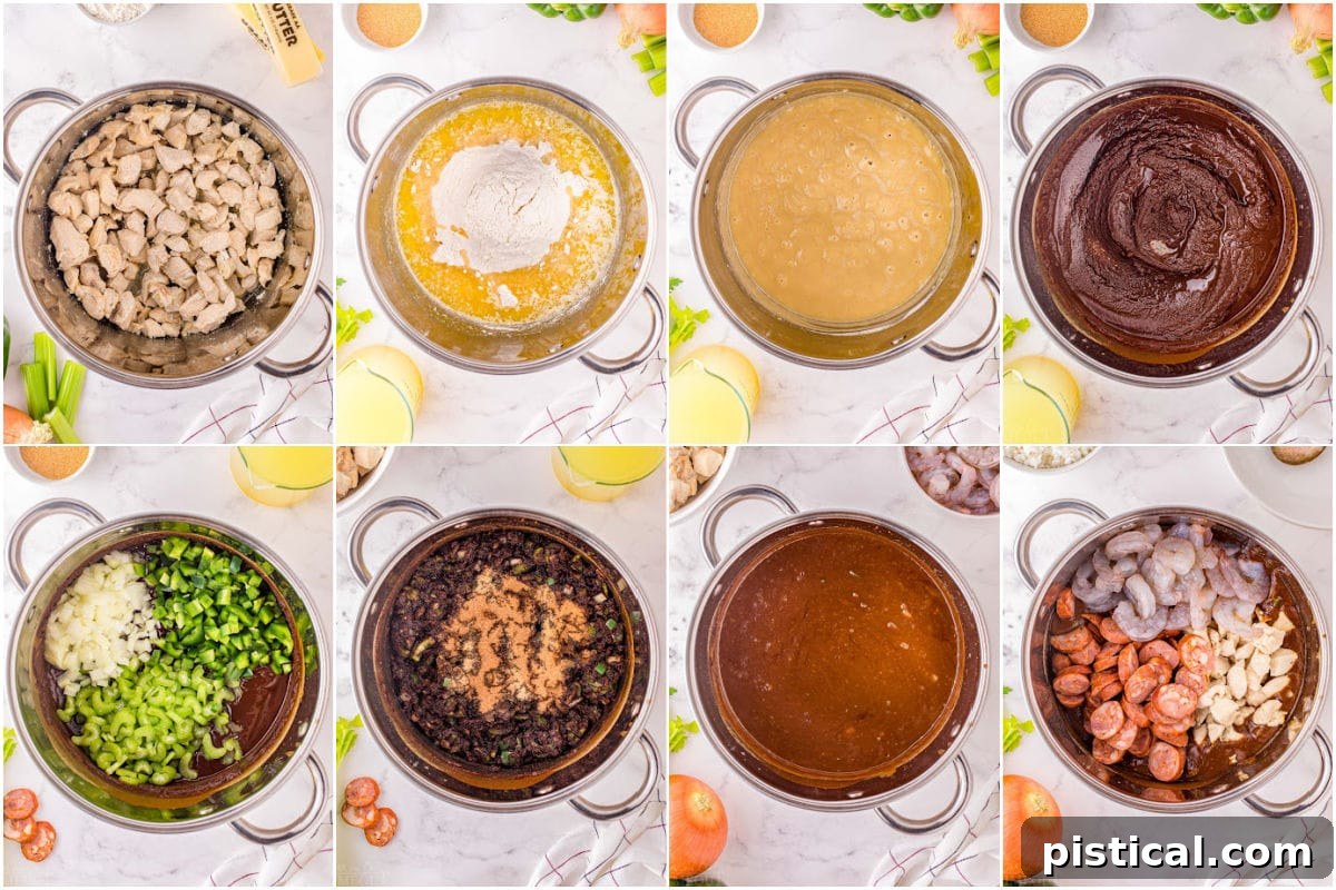 Foolproof Gumbo 4 An 8-image collage demonstrating the step-by-step process of making a classic Gumbo, from preparing ingredients to the finished dish.