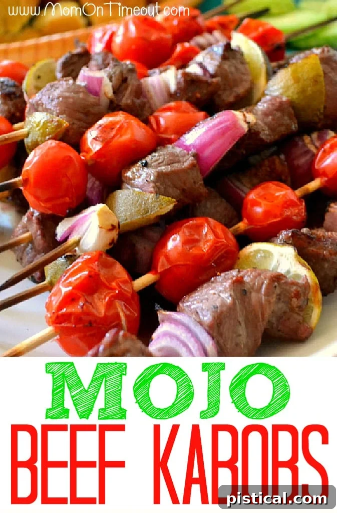 Mojo Beef Kabobs on skewers, artfully arranged on a white plate with a subtle text overlay