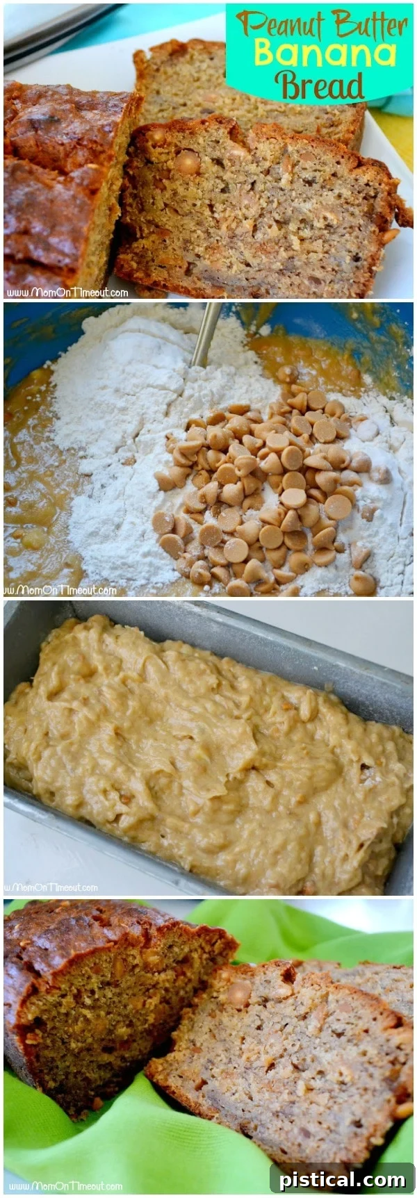 A four-image collage showcasing the Peanut Butter Banana Bread making process: a loaf with slices, ingredients in a bowl, batter poured into a pan, and a finished loaf on a green napkin.