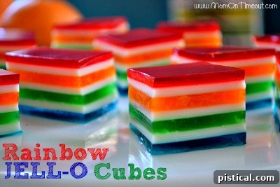 Kaleidoscope Cookie Bark 5 Colorful Rainbow JELL-O Cubes arranged in a glass bowl