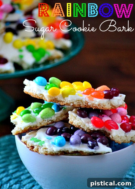 Final presentation of the Rainbow Sugar Cookie Bark, an easy and festive dessert. Rainbow Sugar Cookie Bark recipe overview and finished product