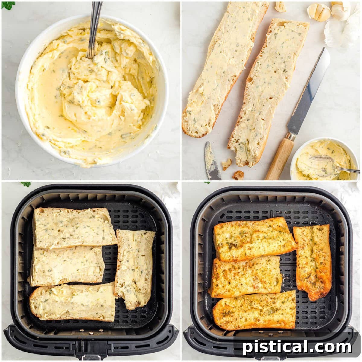 A four-image collage demonstrating the step-by-step process of making Air Fryer Garlic Bread, from spreading butter to the final crispy result.