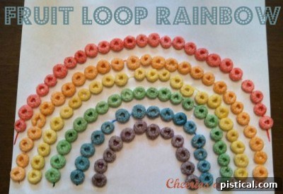 Creative Fruit Loops Rainbow craft or edible art, perfect for engaging children with cereal.