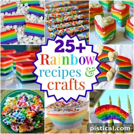 Large collage of rainbow recipes and crafts for parties and St. Patrick's Day, showcasing a variety of colorful ideas.