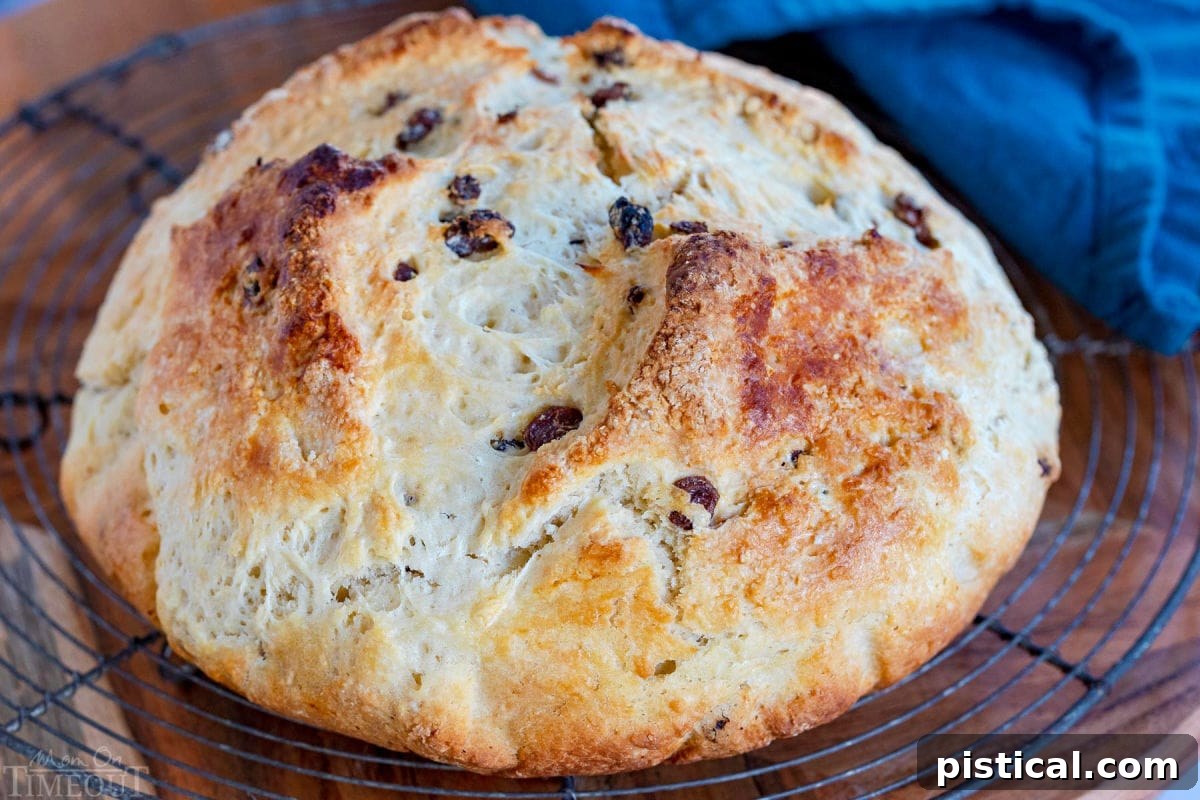 A freshly baked, whole loaf of Irish Soda Bread cooling gracefully on a wire rack, ready to be sliced and enjoyed.