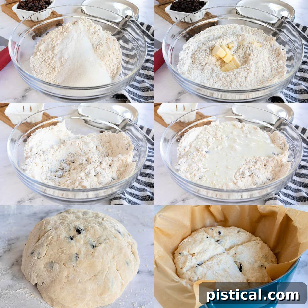 A six-image collage showcasing the step-by-step process of making Irish Soda Bread, from mixing ingredients to the final scored loaf.