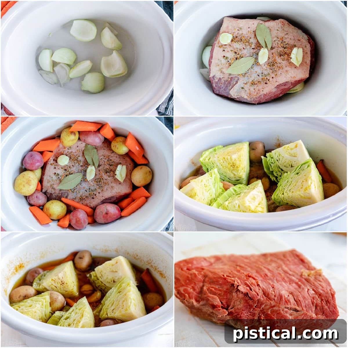 six image collage showing how to cook a corned beef in crockpot.
