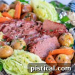 serving plate filled with slices of corned beef, cabbage wedges, carrots and creamer potatoes all ready to be enjoyed.