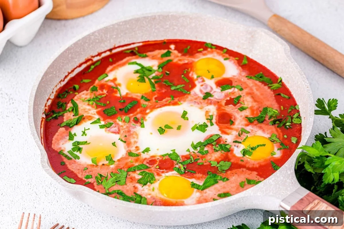 wide shot of light colored skillet with six eggs poached in tomato sacue and topped with fresh parsley.