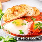 eggs in purgatory plated with extra sauce and nicely toasted crusty bread. The dish is topped with chopped parsley.