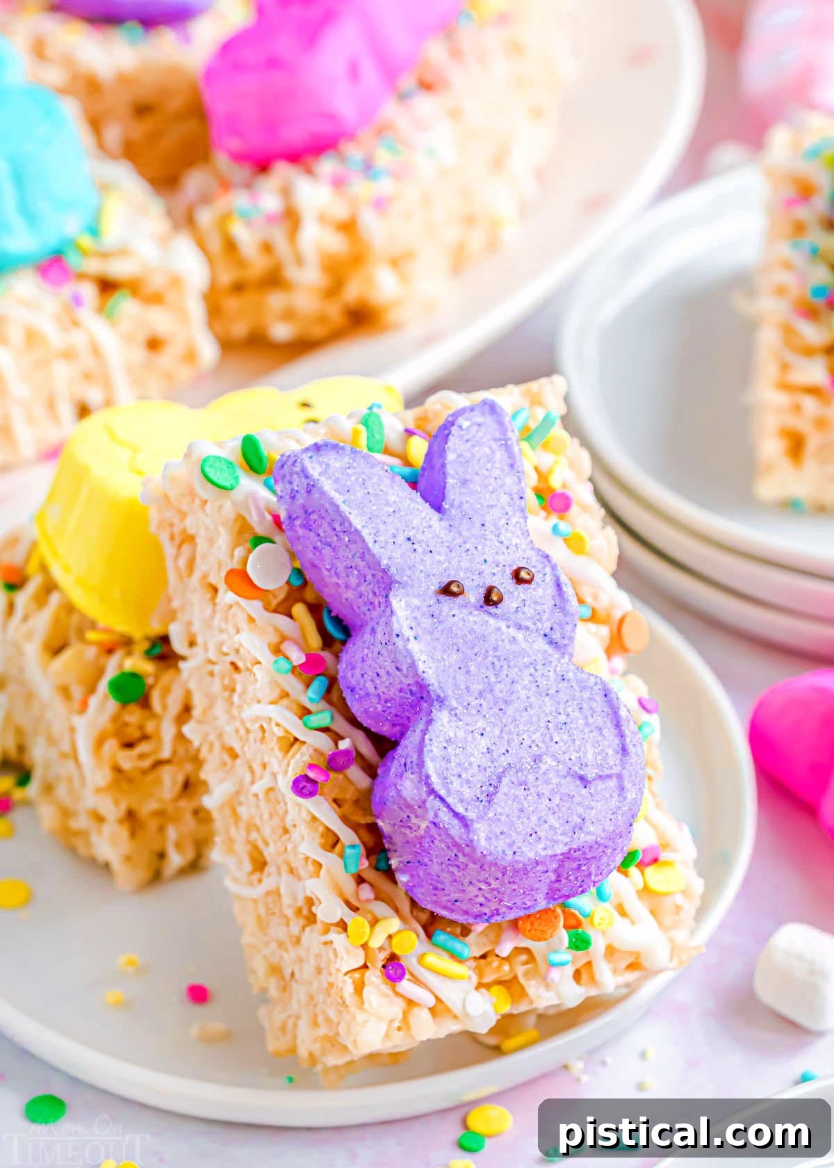 Gooey Peeps Krispie Delights 3 up close look at purple peep on rice krispie treat.