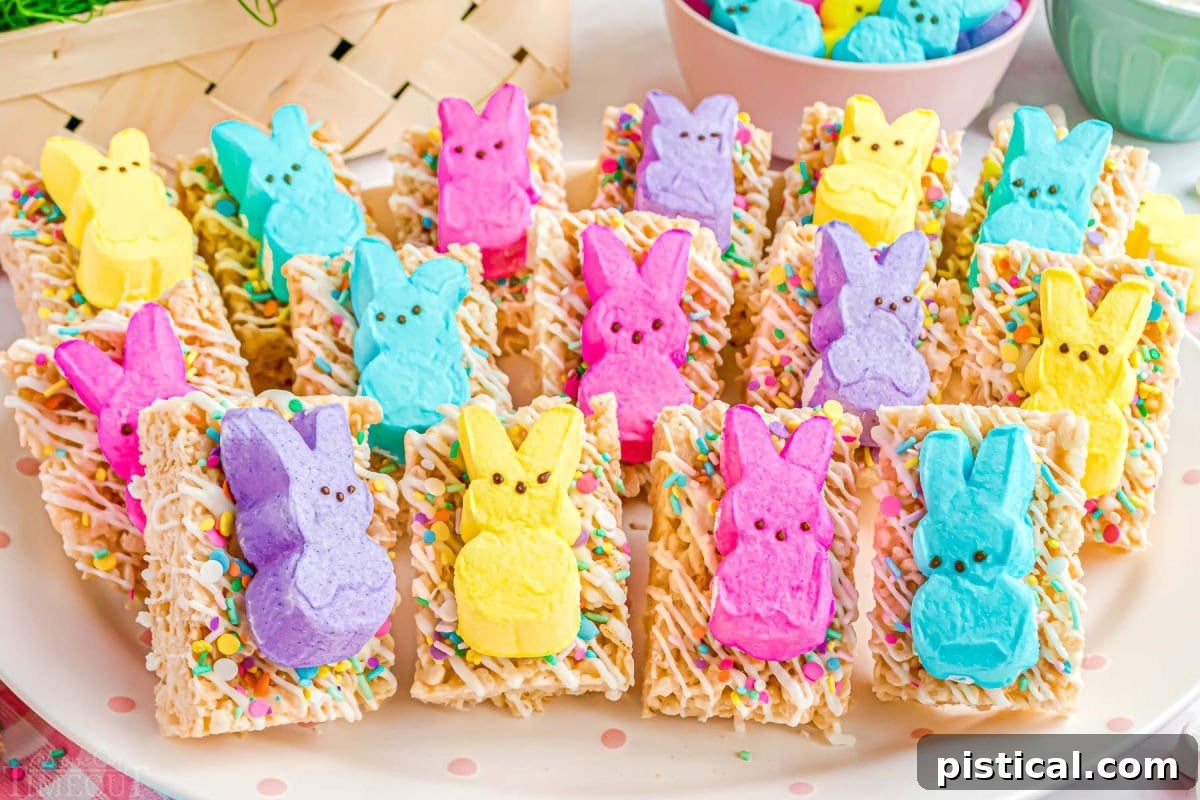 Gooey Peeps Krispie Delights 4 lots of rice krispie treats on a white plate topped with different colored peeps ready to be enjoyed.