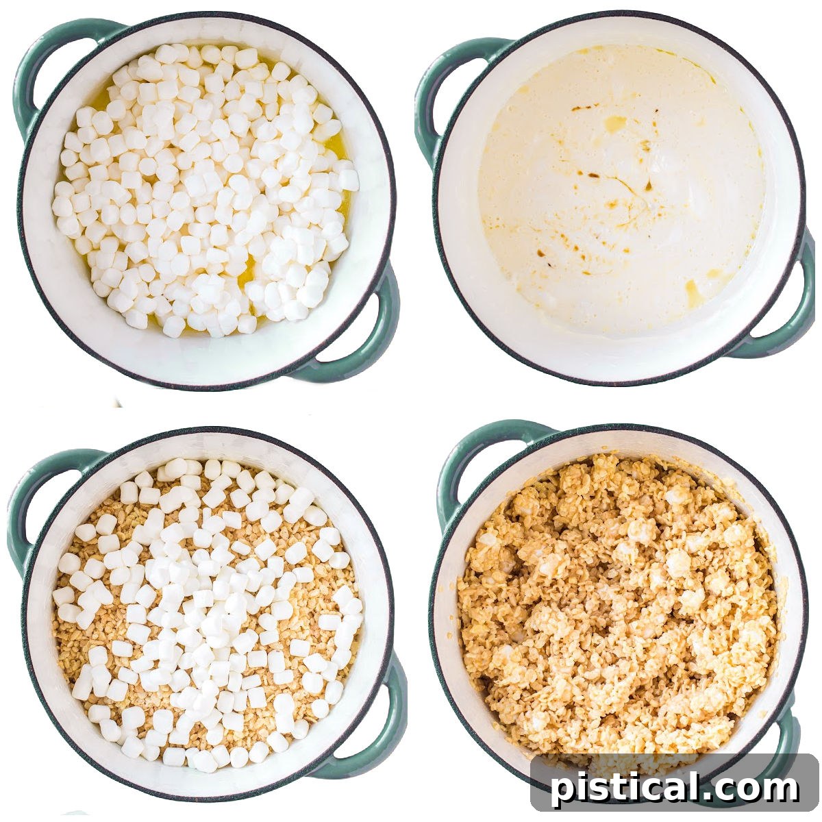 Gooey Peeps Krispie Delights 5 four image collage showing how to make rice krispie treats.