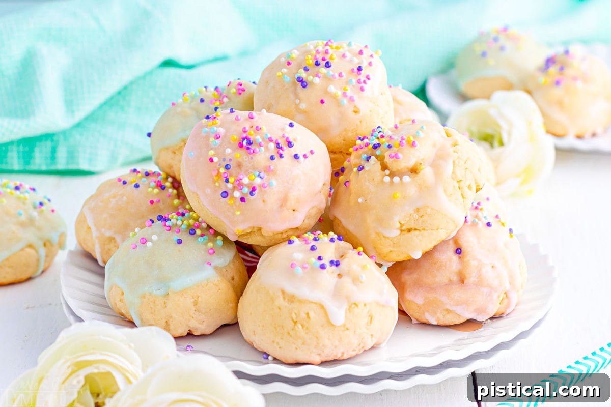 Wide view of colorful Italian cookies piled high on a white scalloped plate. Cookies are topped with sprinkles and pastel glaze in varying colors.