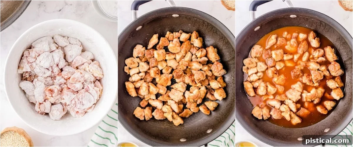 Sticky Honey Garlic Chicken 6 three image collage showing honey chicken being cooked in a large skillet.