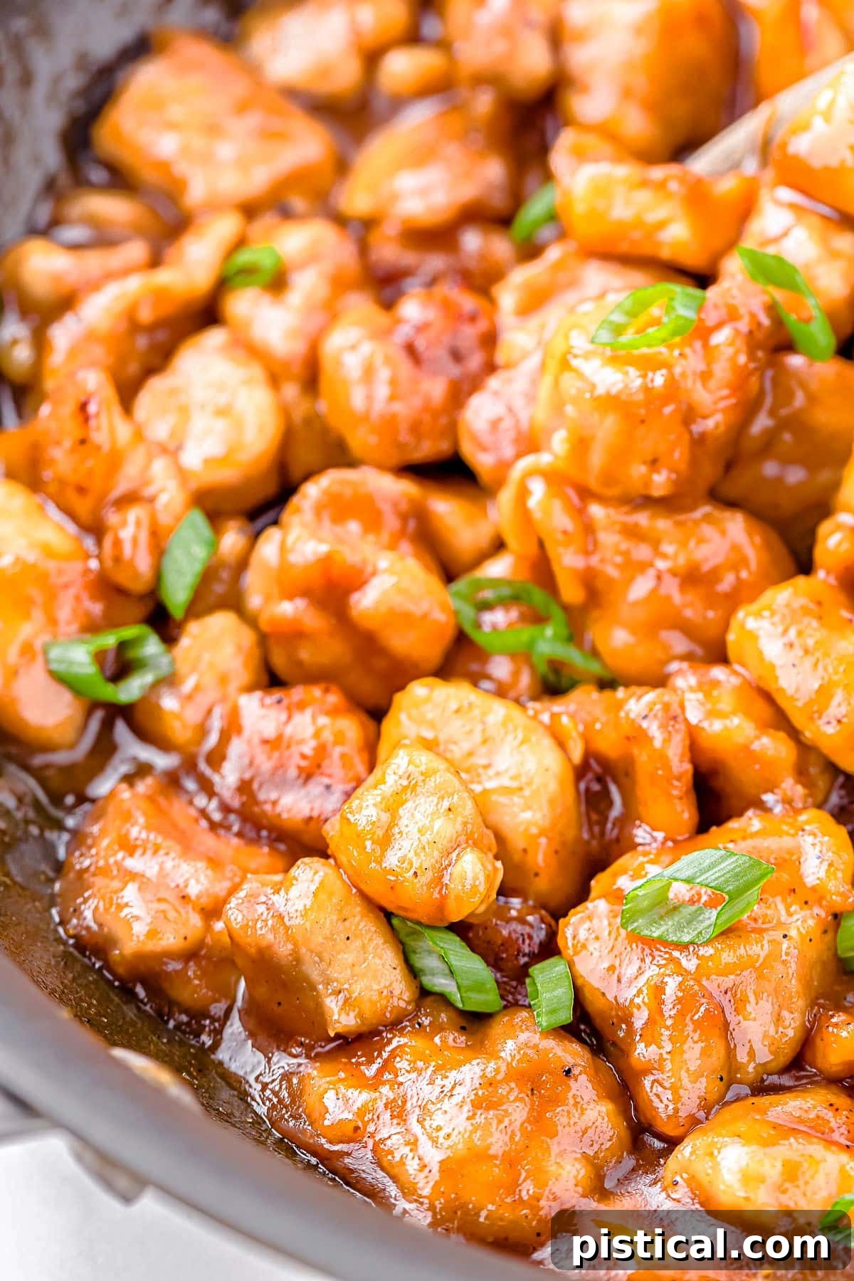 Sticky Honey Garlic Chicken 7 close up of honey chicken recipe in skillet garnished with green onion and nice and saucy.