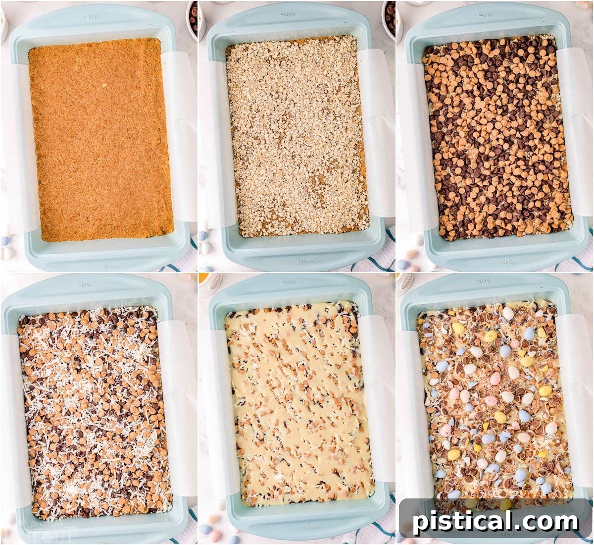 six image collage showing how to make 7 layer bars with cadbury eggs for easter.