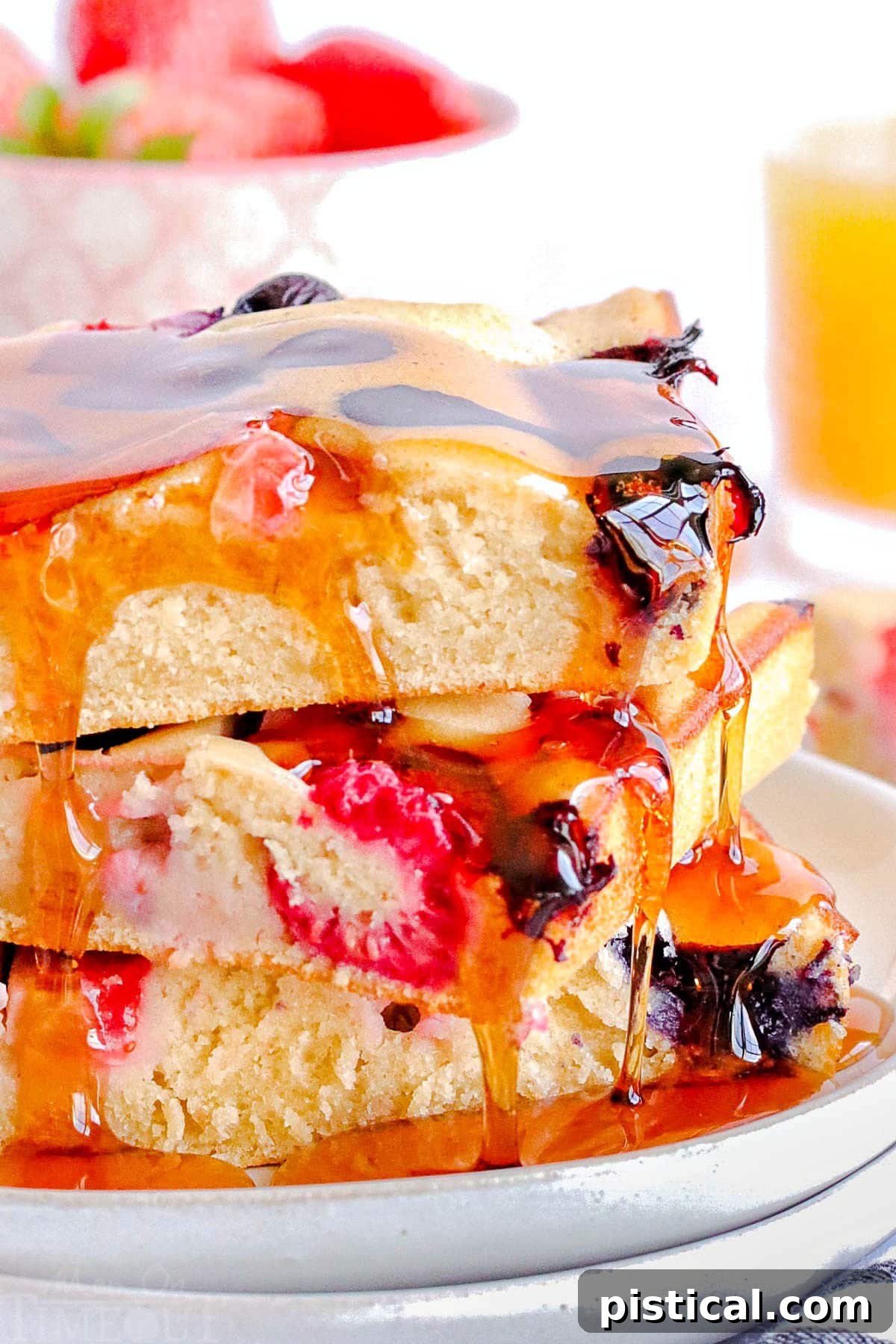 Close-up of golden syrup dripping enticingly off the side of three fluffy sheet pan pancakes, highlighting their rich texture and delicious appeal.