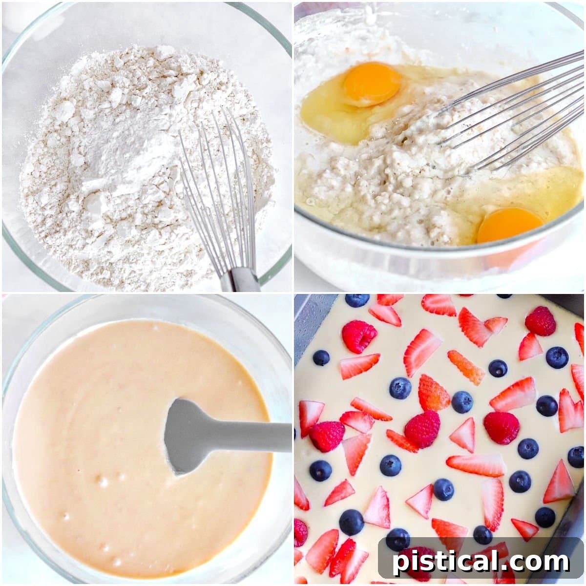 A four-image collage demonstrating the step-by-step process of making oven-baked pancakes: preparing the batter, pouring it into a sheet pan, adding berries, and the finished baked pancakes.