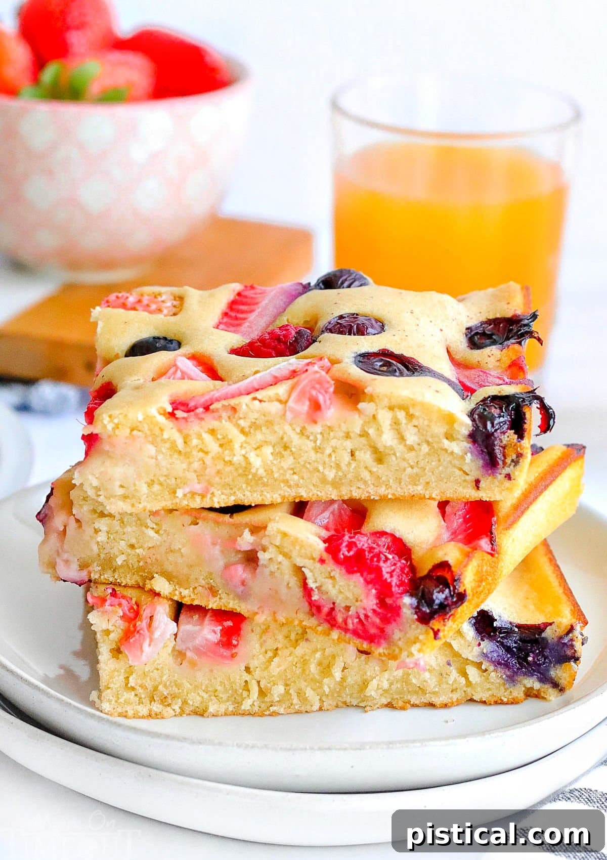 Three square-cut berry pancakes stacked on two white plates, with a refreshing glass of orange juice in the blurred background, creating a perfect breakfast scene.