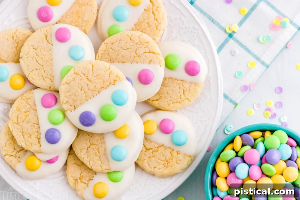 A top-down view of a beautifully arranged plate of Easter cake mix cookies, adorned with colorful M&M's, resting on a stylish teal and white napkin. A bowl of extra M&M's sits nearby, ready for more decorating fun.
