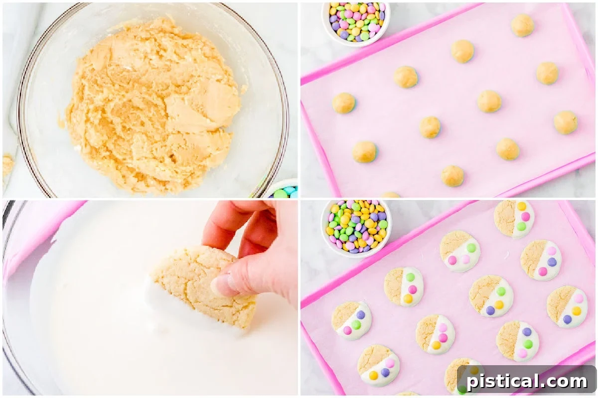 A four-image collage demonstrating the step-by-step process of making Easter cake mix cookies, from mixing the dough to dipping them in melted chocolate and decorating.
