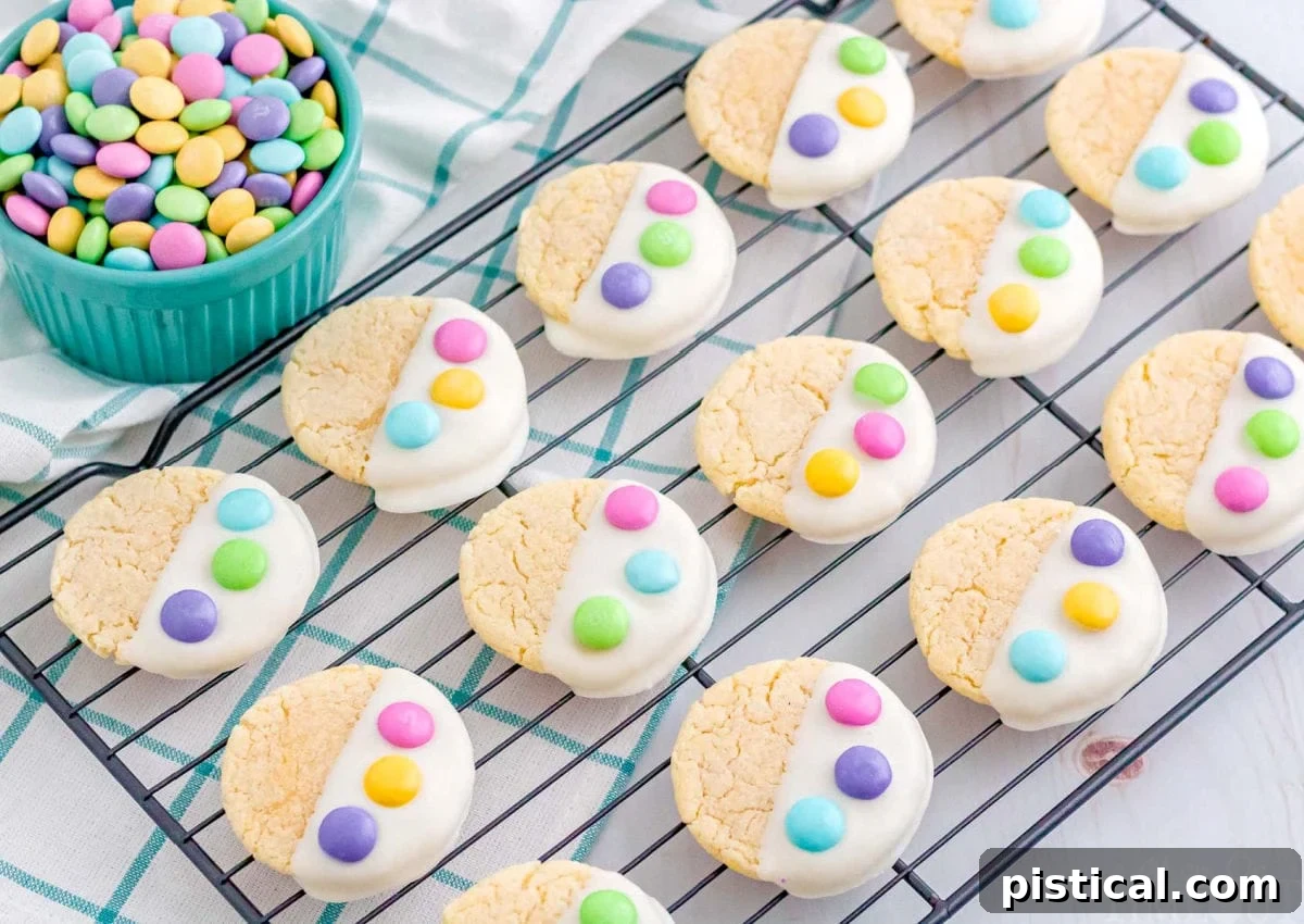 Freshly baked and decorated Easter Cake Mix Cookies cooling and setting on a wire rack, adorned with pastel M&M's, ready to be enjoyed.