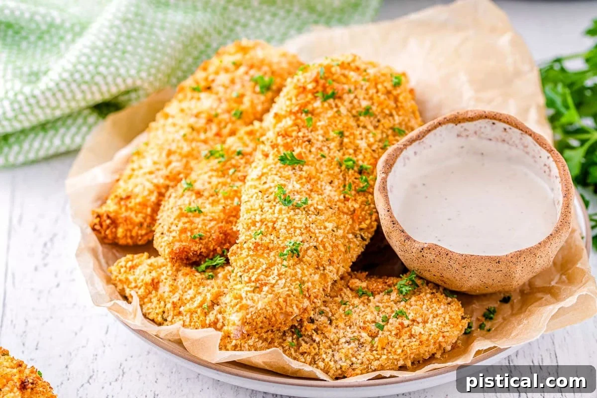 Plated air fryer chicken tenders garnished with fresh parsley, with an air fryer visible in the blurred background.