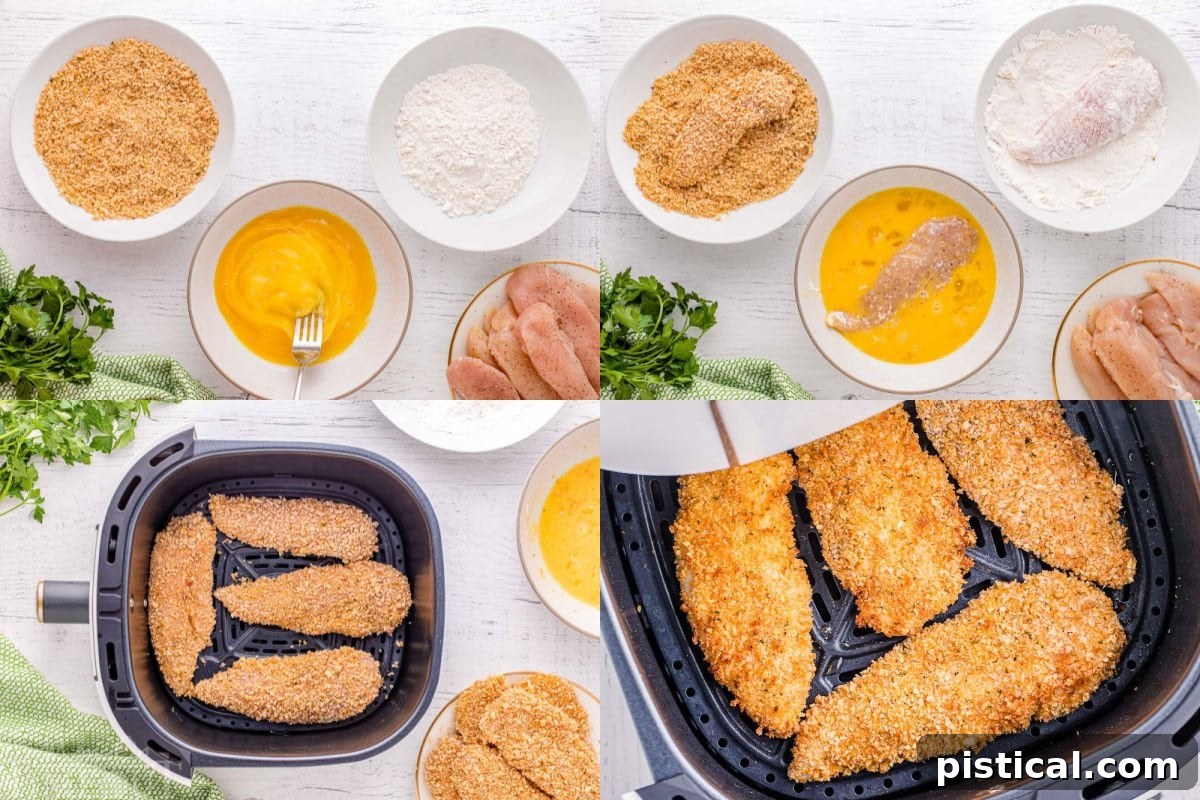 A four-image collage showing the step-by-step process of preparing chicken tenders for the air fryer, from seasoning to breading.